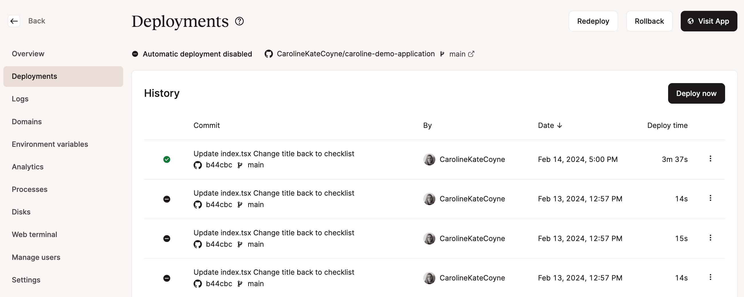 View your application's deployments and history in MyKinsta.