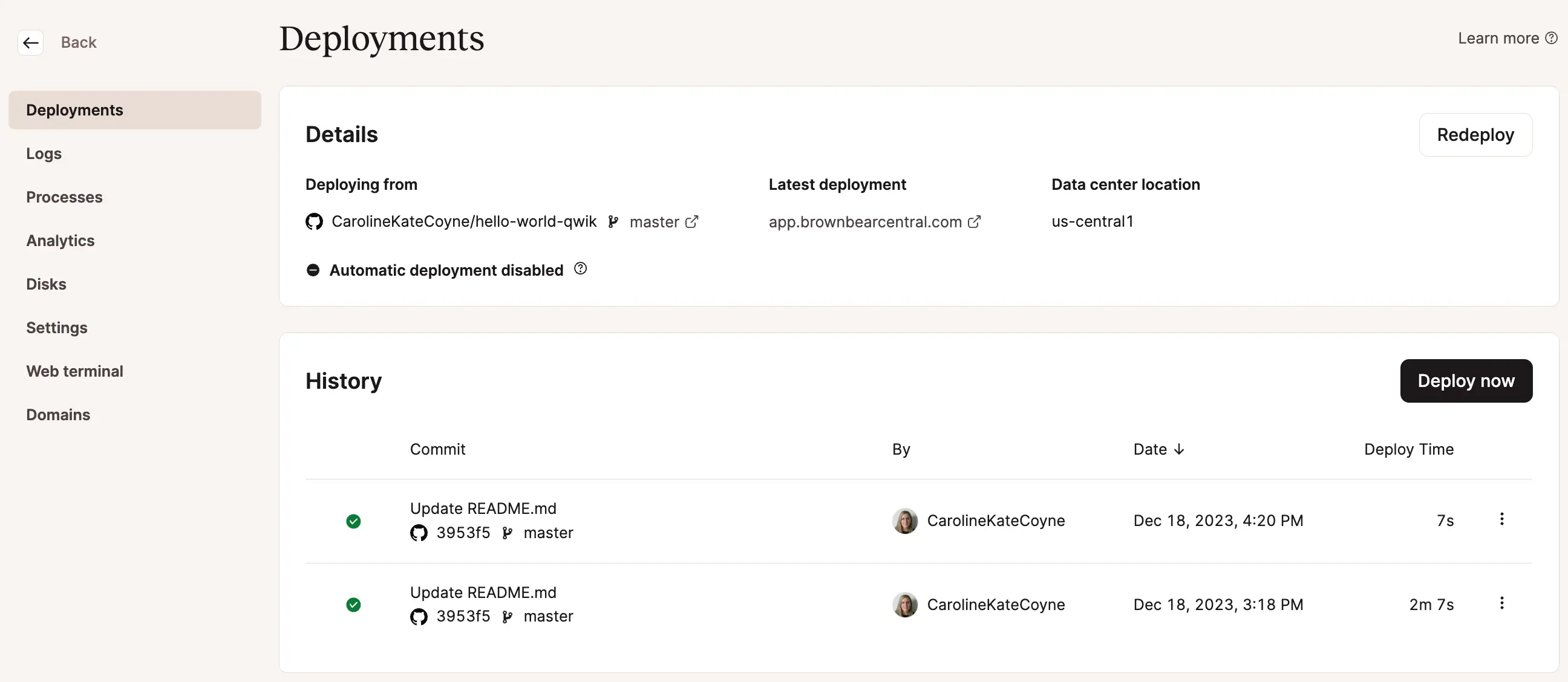 Visualizzare i dettagli e la cronologia di distribuzione dell'applicazione in MyKinsta.