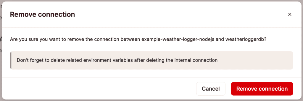 Removendo uma conexão interna entre um aplicativo e um banco de dados.