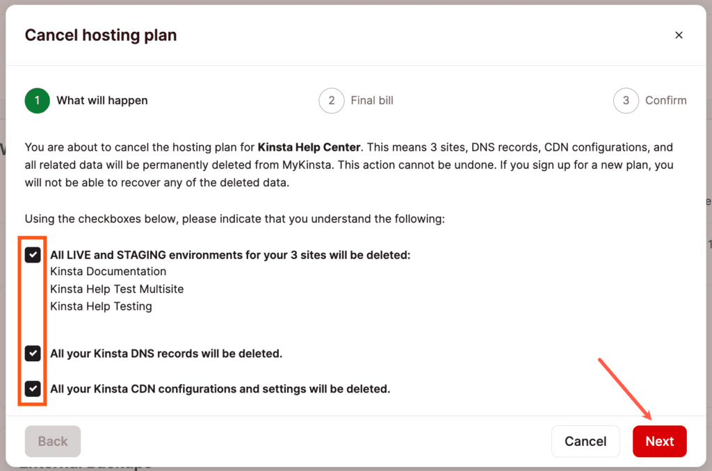 Cancellare il piano Hosting WordPress gestito e riconoscere che tutti i dati saranno cancellati.
