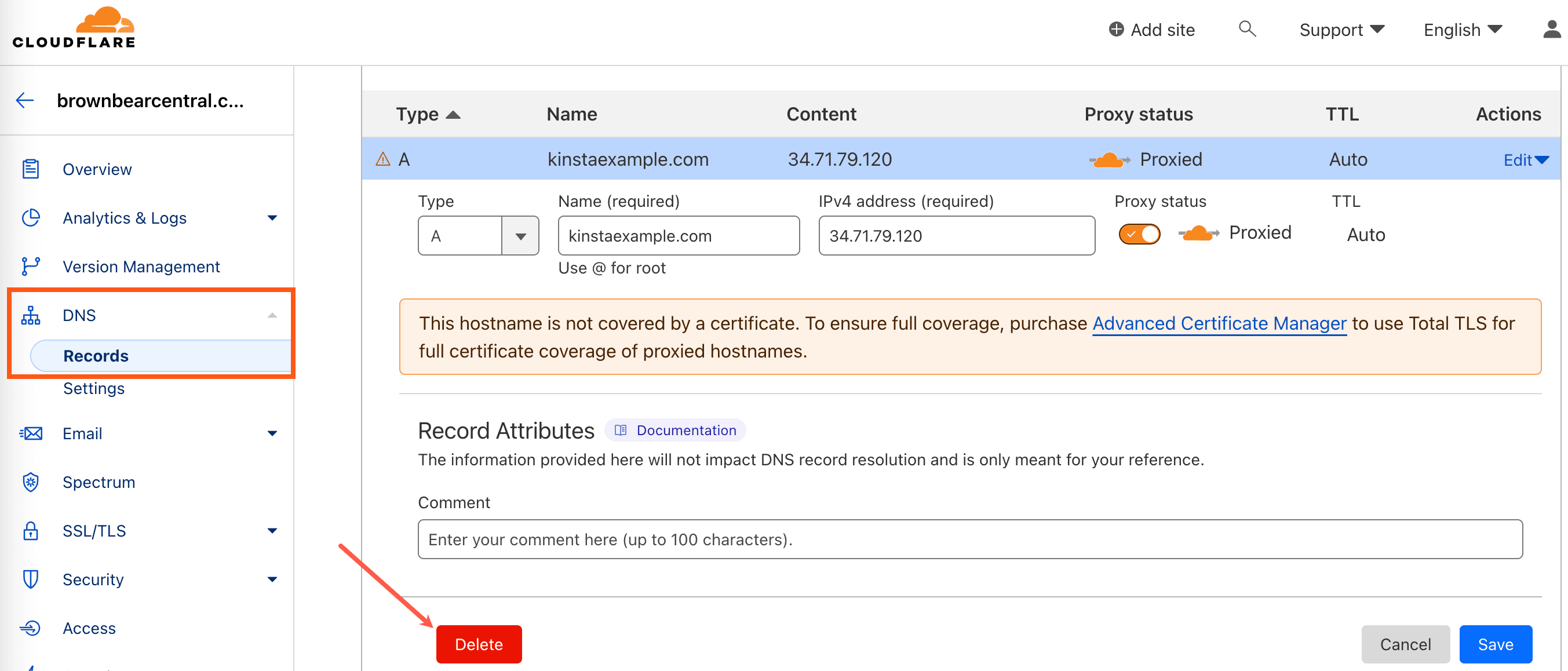 Elimina el registro A conflictivo en Cloudflare.