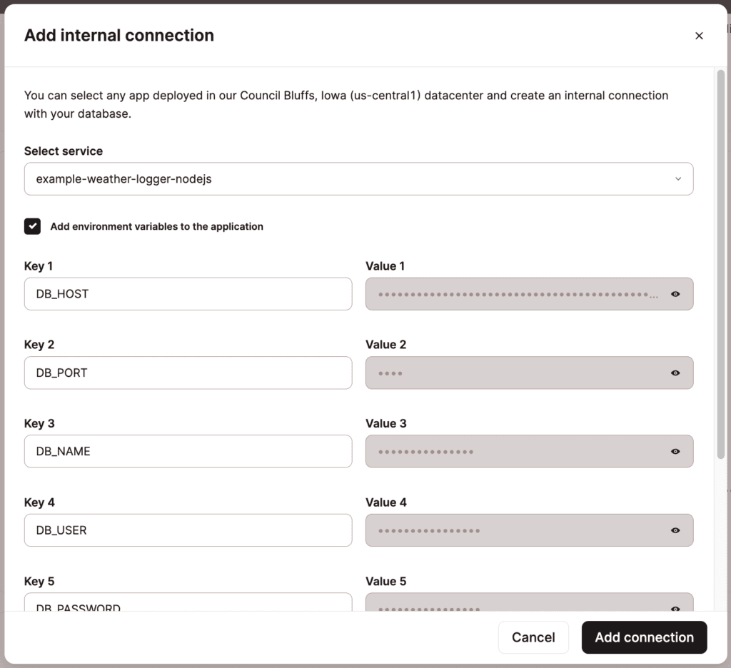 Preencher automaticamente as variáveis de ambiente a partir dos detalhes da conexão com o banco de dados.