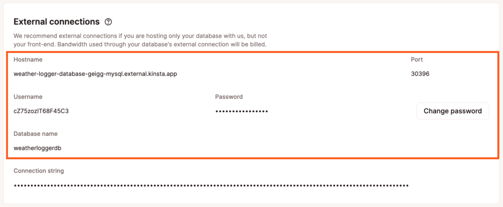 Database external connections information in MyKinsta.