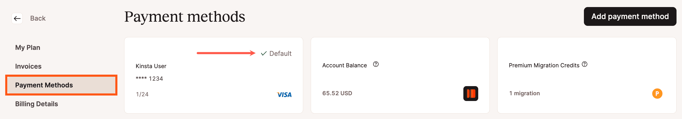 Una nueva tarjeta de crédito añadida en MyKinsta.