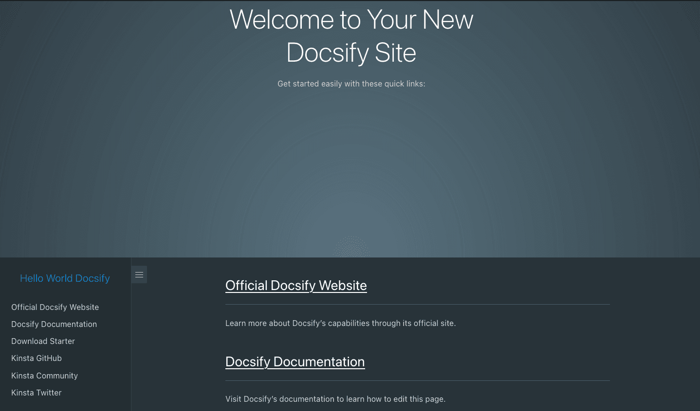 Docsify-Willkommensseite nach erfolgreicher Bereitstellung von Docsify