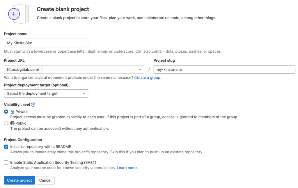 Criar um projeto em branco no GitLab.