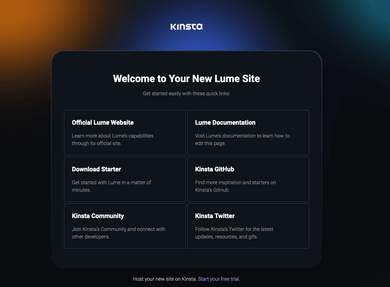 Page d'accueil Kinsta après un déploiement réussi de Lume.
