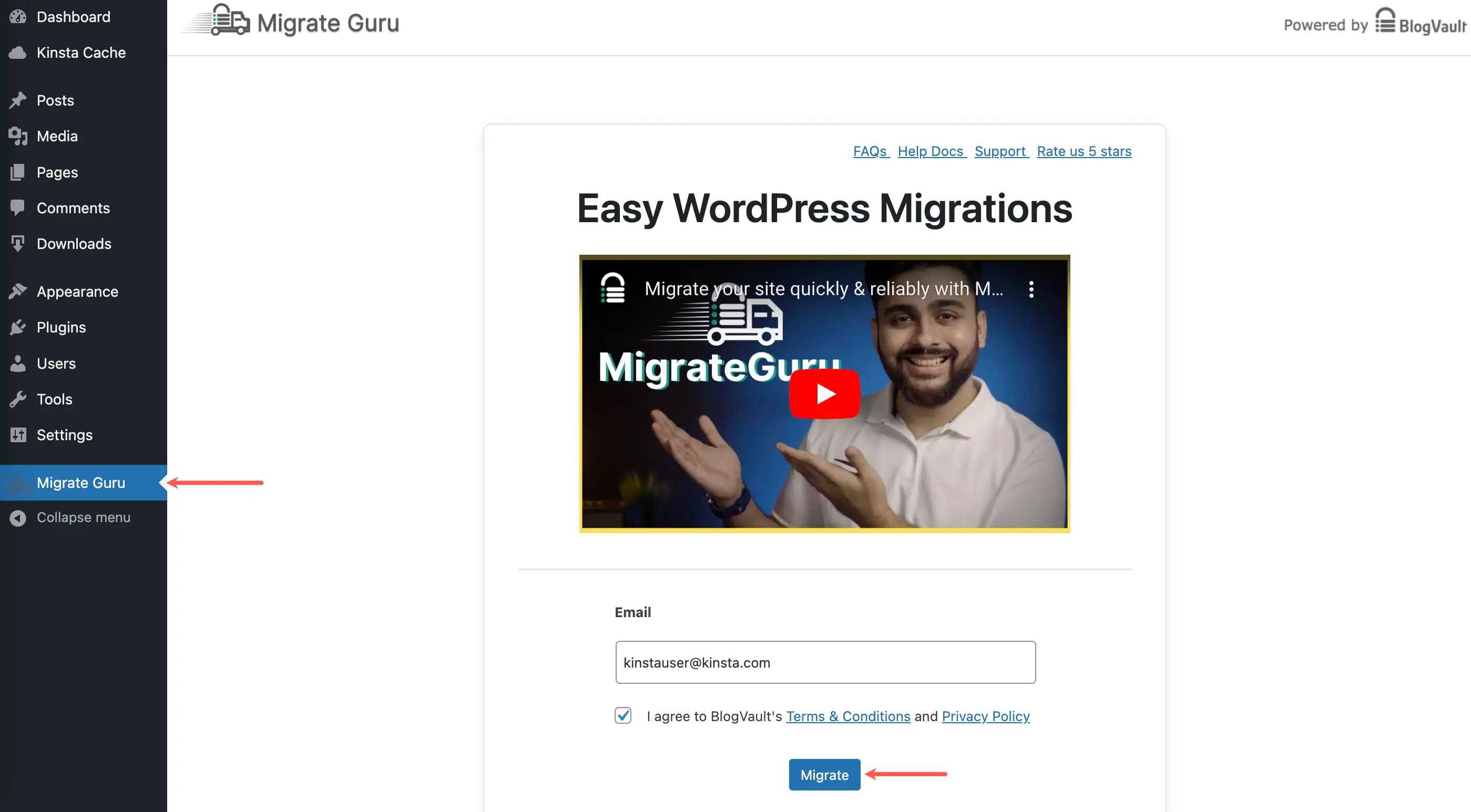 Enter your email and start the migration in Migrate Guru.