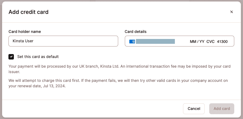Add a cross-border credit card in MyKinsta.