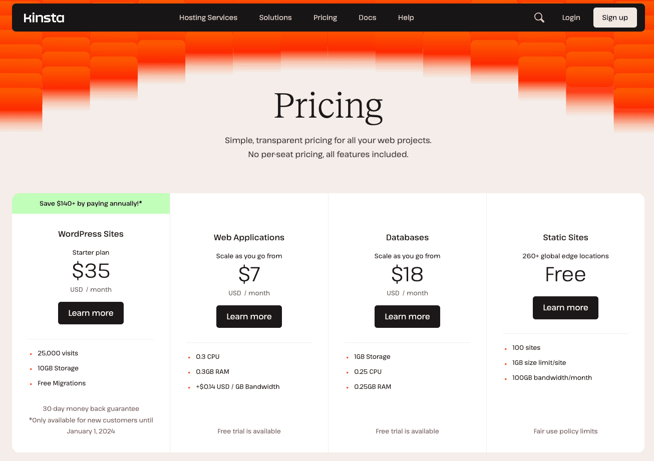 Kinsta Managed WordPress Hosting Prijzen pagina.