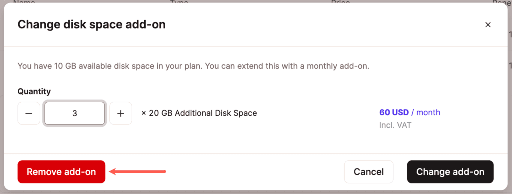 Elimina el add-on de espacio en disco de tu plan.