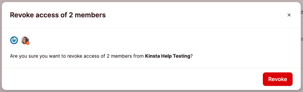 Confirma la revocación del acceso de un usuario a un sitio en MyKinsta.