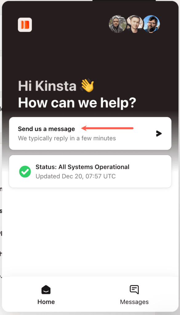 Envie uma mensagem no MyKinsta.