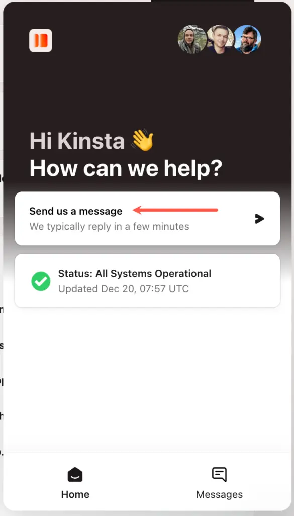 Send a message in MyKinsta.