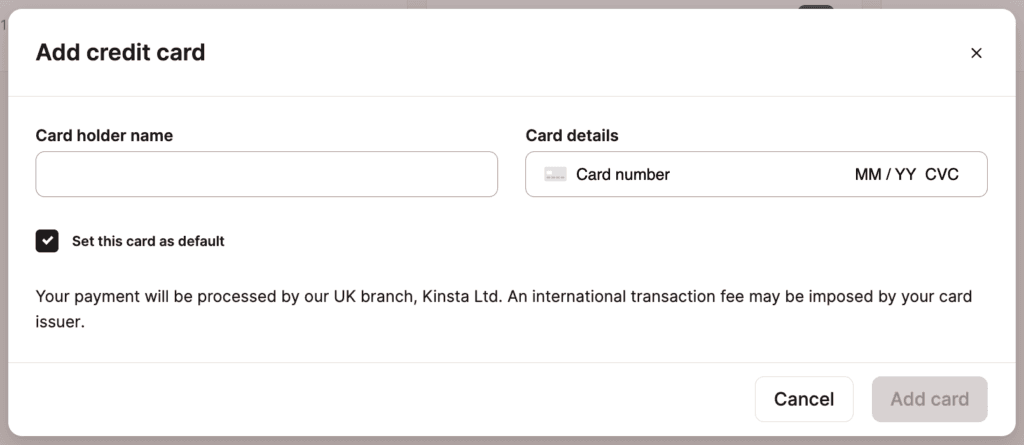 Você pode alterar seu cartão de crédito padrão no MyKinsta.
