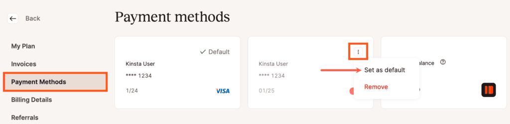 Selezionare il metodo di pagamento predefinito in MyKinsta.