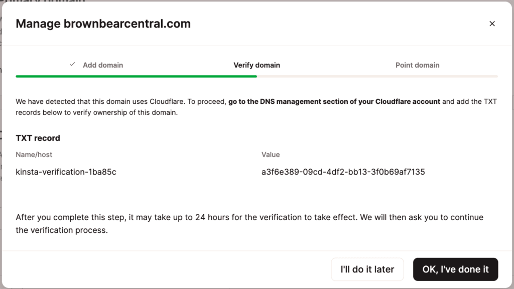 Fase um da verificação de seu domínio de site estático.