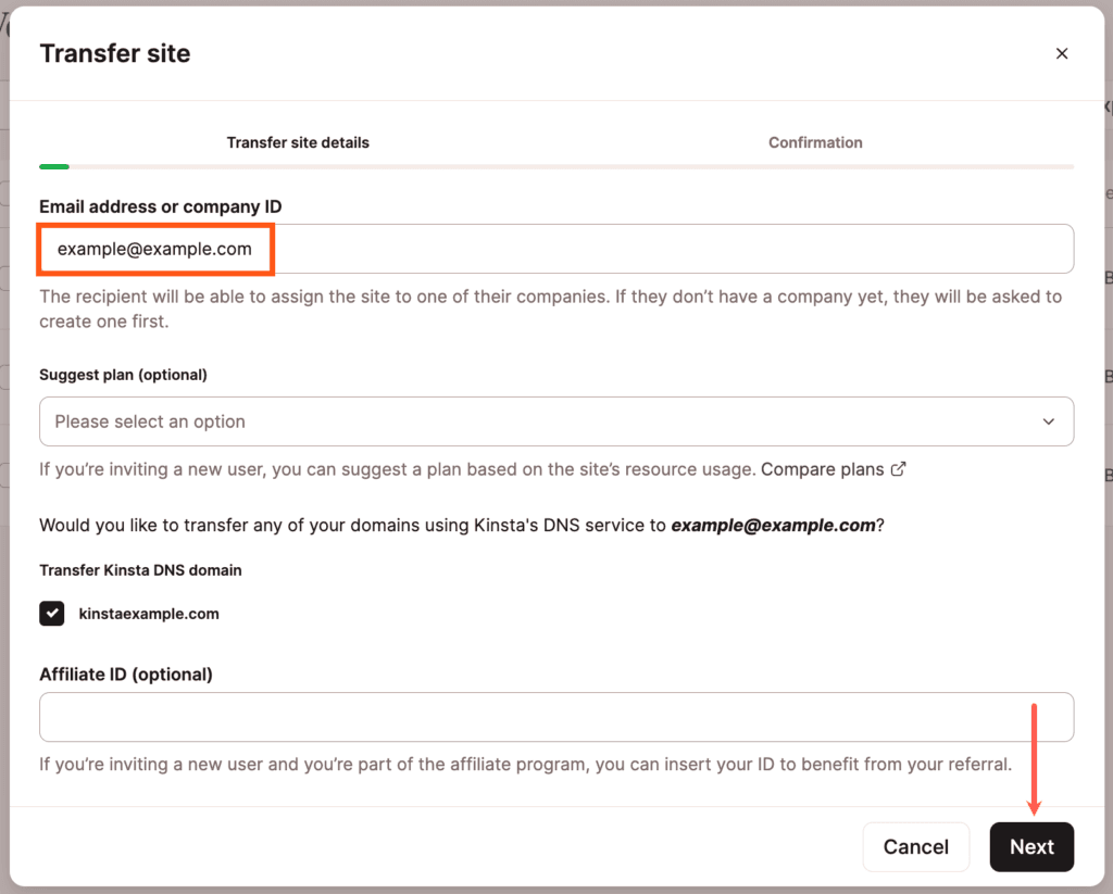 Saisissez l'ID de l'entreprise de destination et sélectionnez les domaines à transférer.