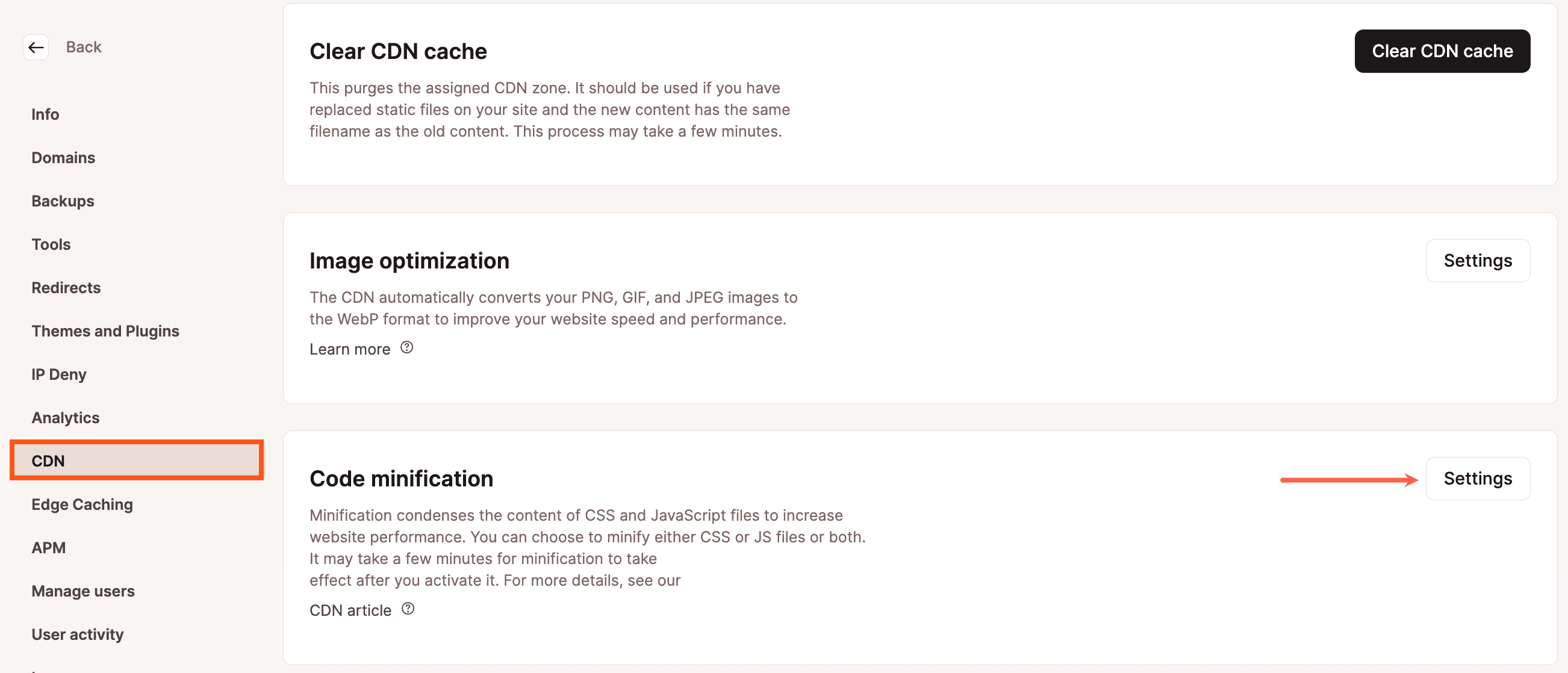 Configurações de minificação de código para CDN no MyKinsta.