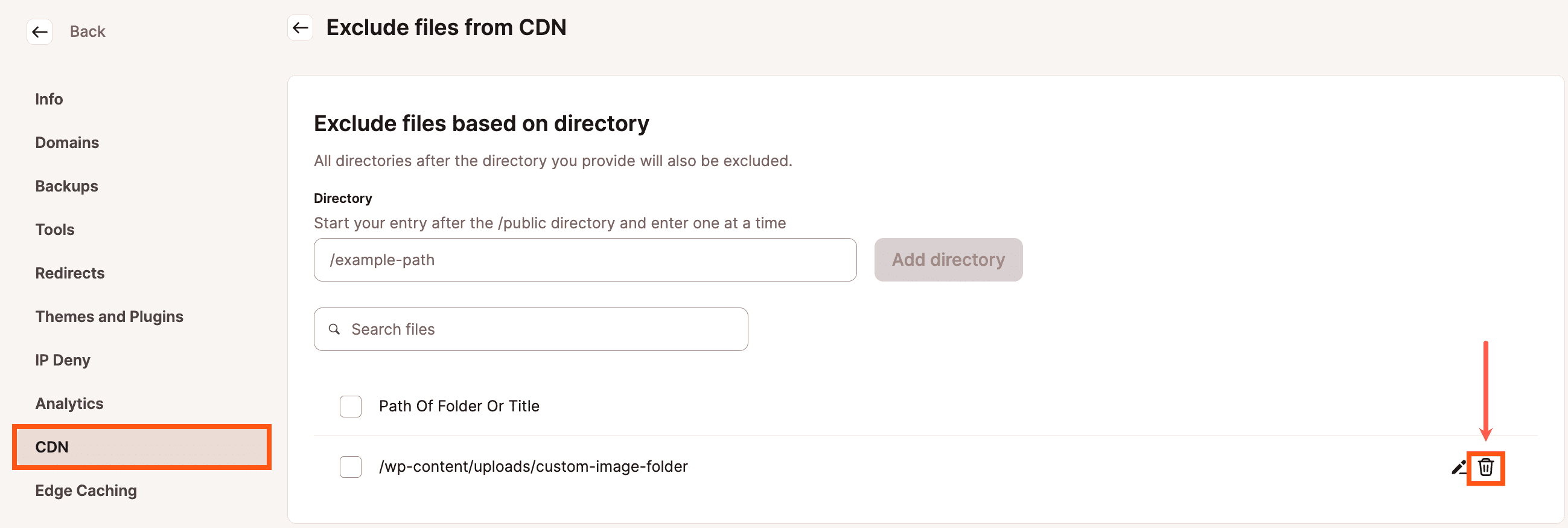 Delete a directory or URL exclusion in Kinsta CDN settings.