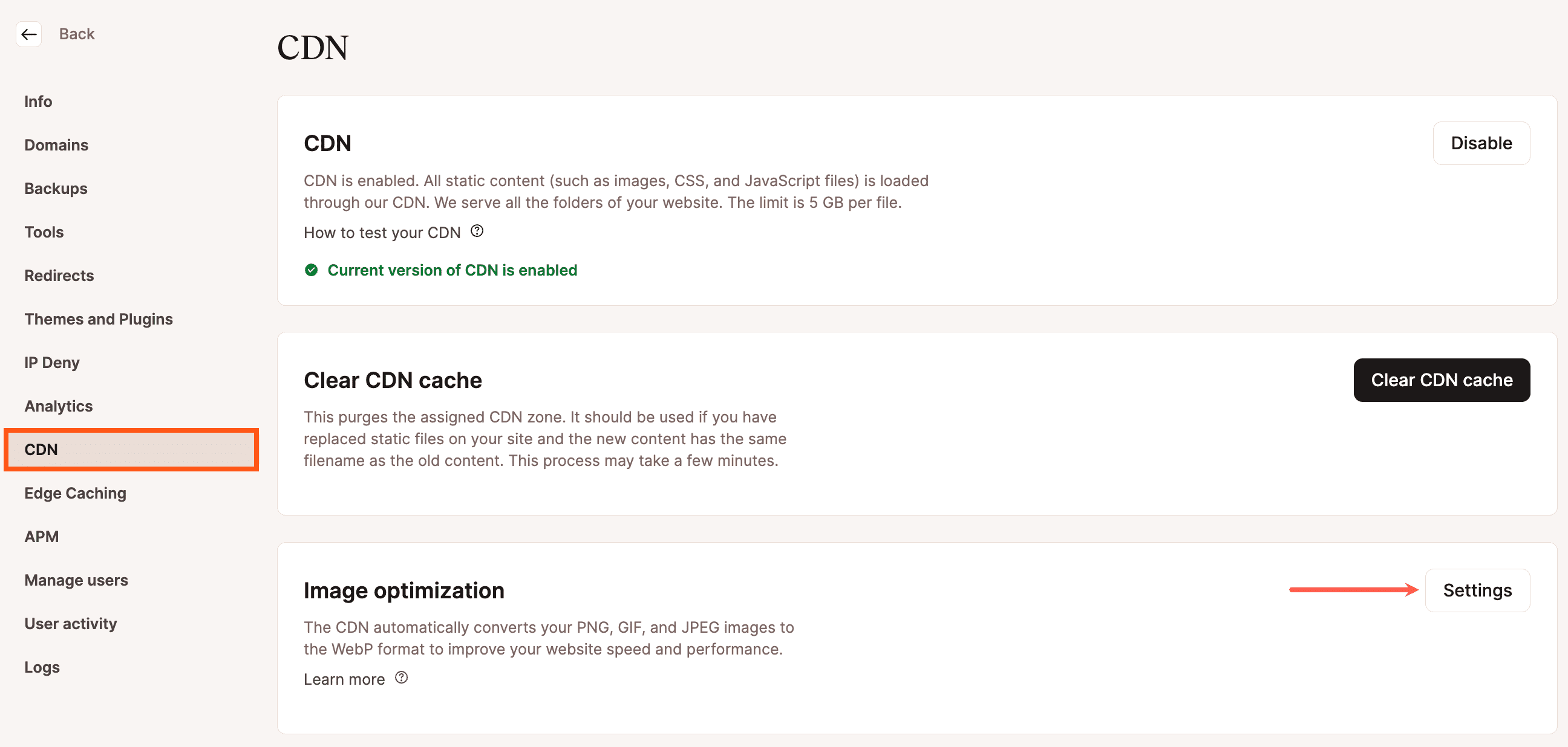Configurações de otimização de imagem no MyKinsta.