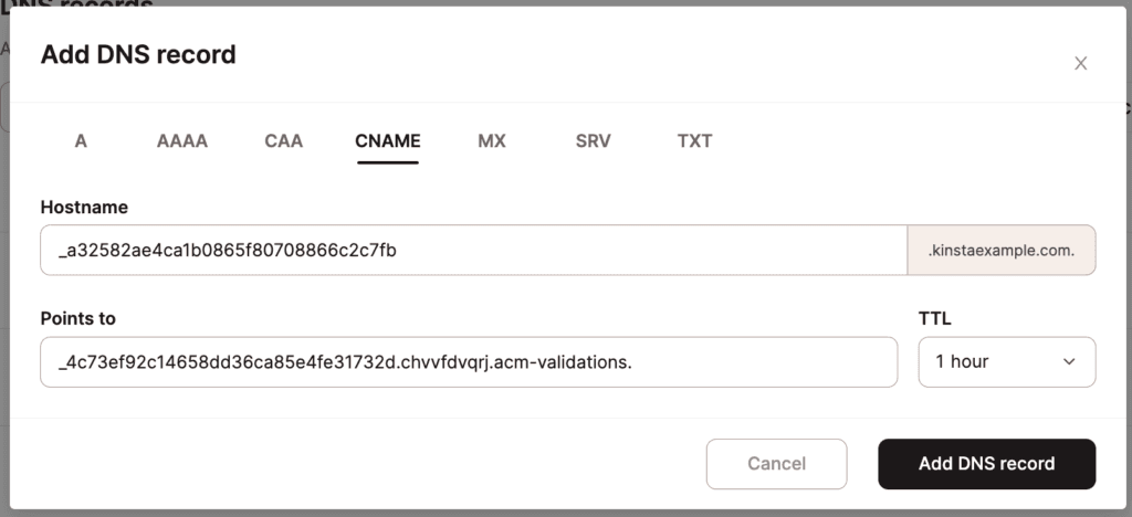 Añade un registro CNAME para la validación de AWS SSL
