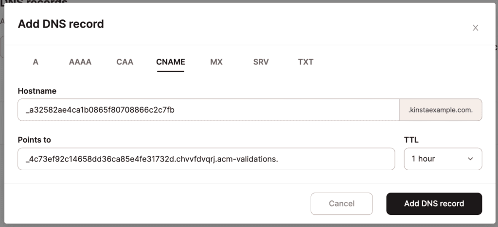 Aggiungere un record CNAME per la convalida di AWS SSL.