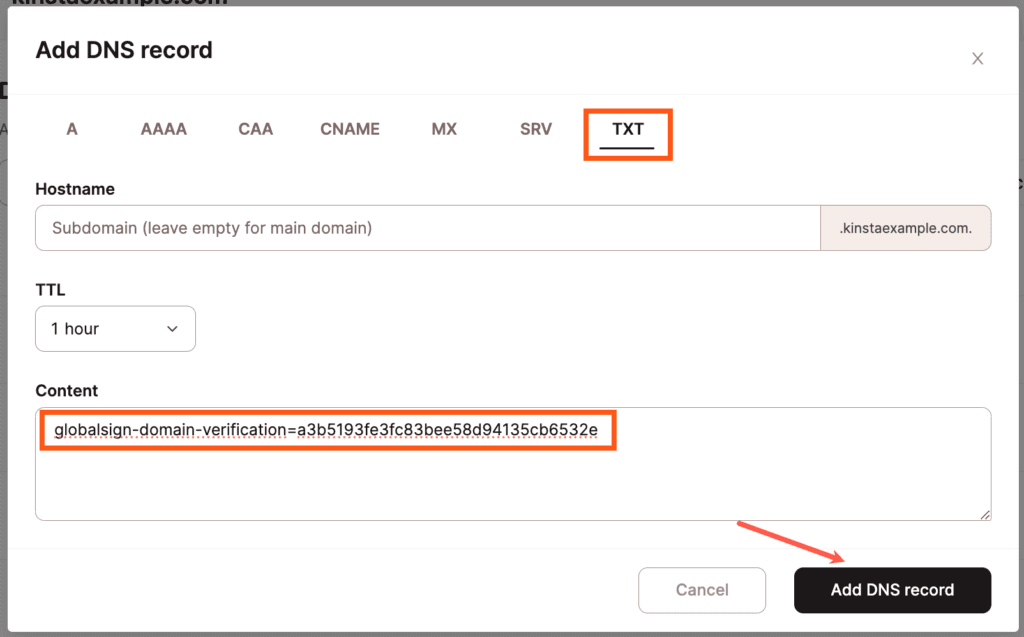 Füge den DNS TXT-Eintrag hinzu, um deine Domain für dein SSL zu verifizieren.