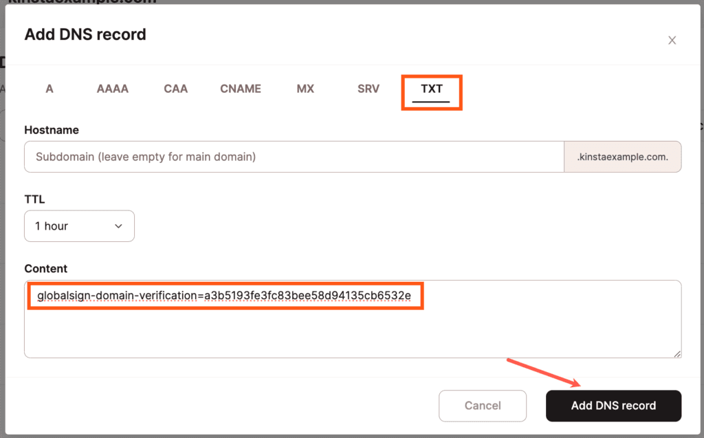 TXTレコードを追加して、SSLで使用するドメインの所有権を確認