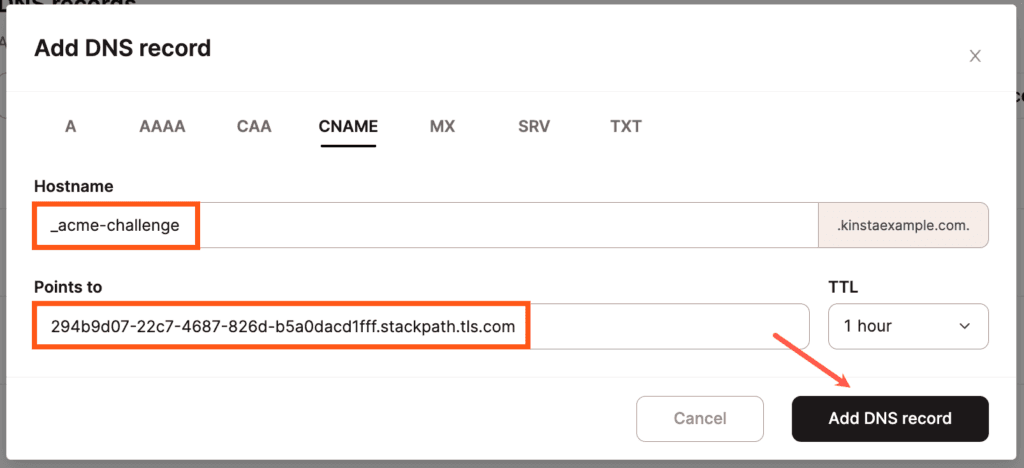 Ajouter le CNAME de vérification de votre domaine dans le DNS de Kinsta.