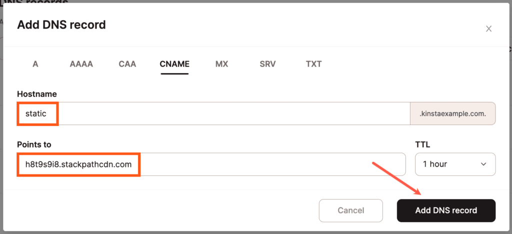 Ajouter l'enregistrement CNAME pour votre sous-domaine des ressources statiques.
