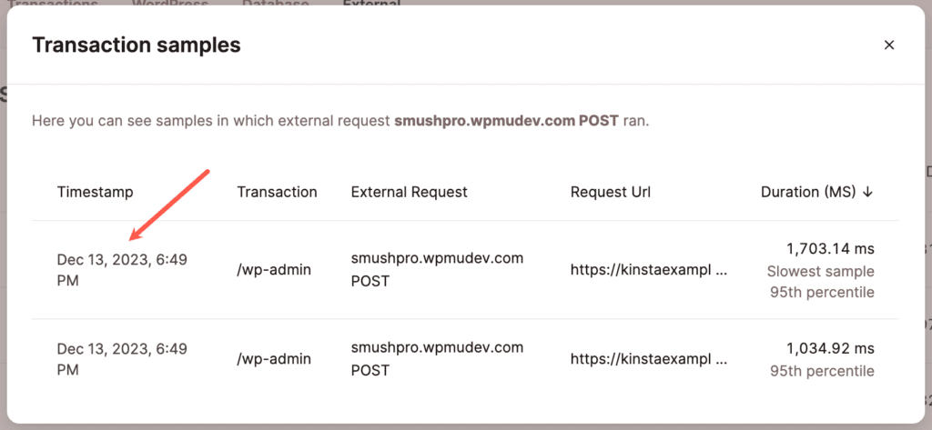 Sélectionnez l'échantillon de transaction le plus lent dans les requêtes externes.