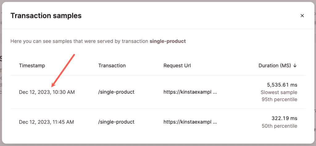 Sélectionnez l'échantillon le plus lent dans la liste des échantillons de transaction.