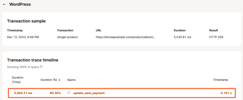 update_card_paymentスパンはトランザクションの5,002.21ミリ秒を占めている