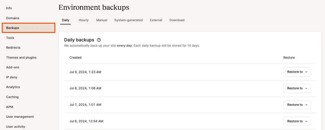 Backup in MyKinsta.