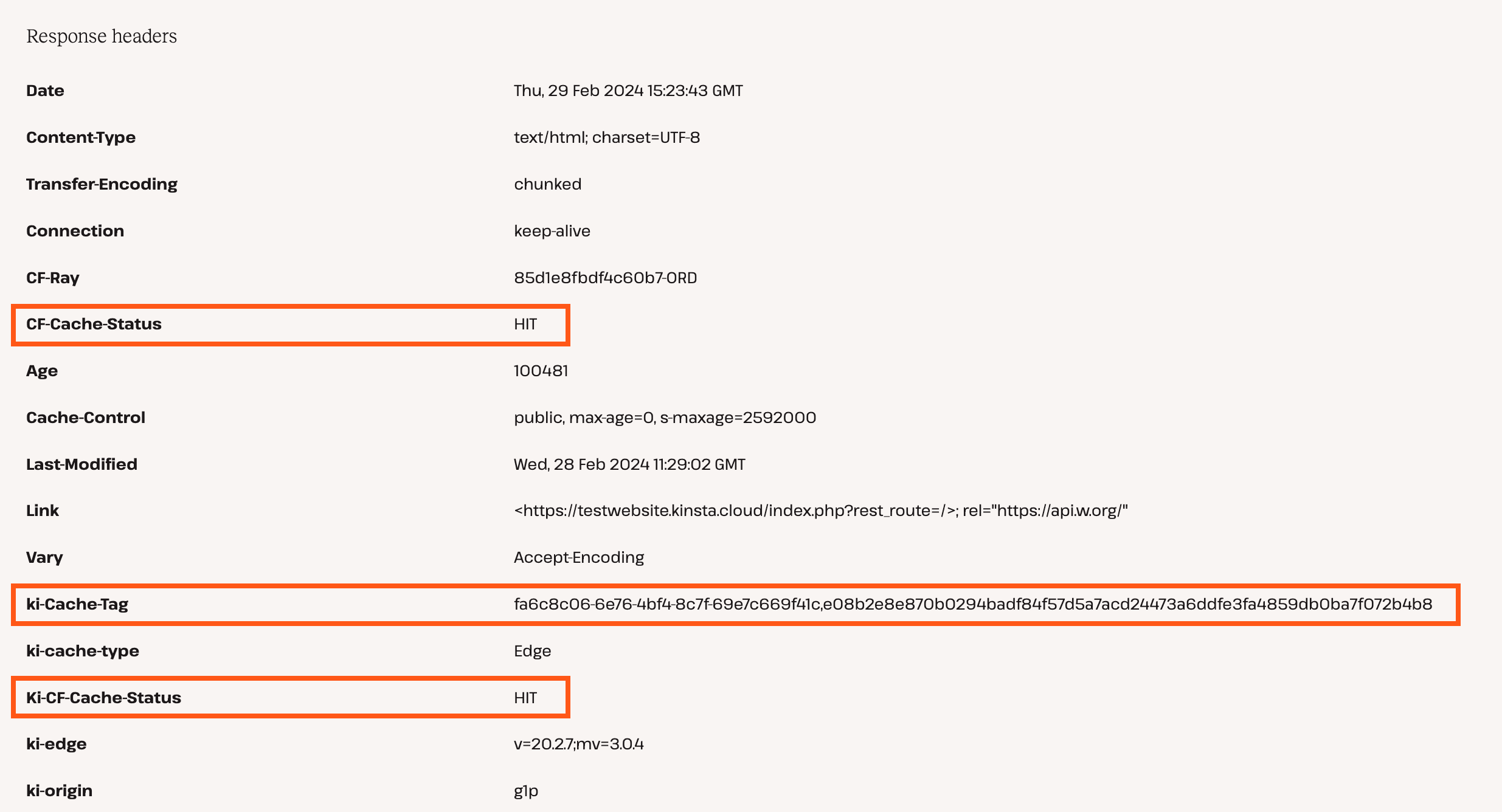 HTTP headers in the results of Kinsta's HTTP Status and Redirect Checker tool.