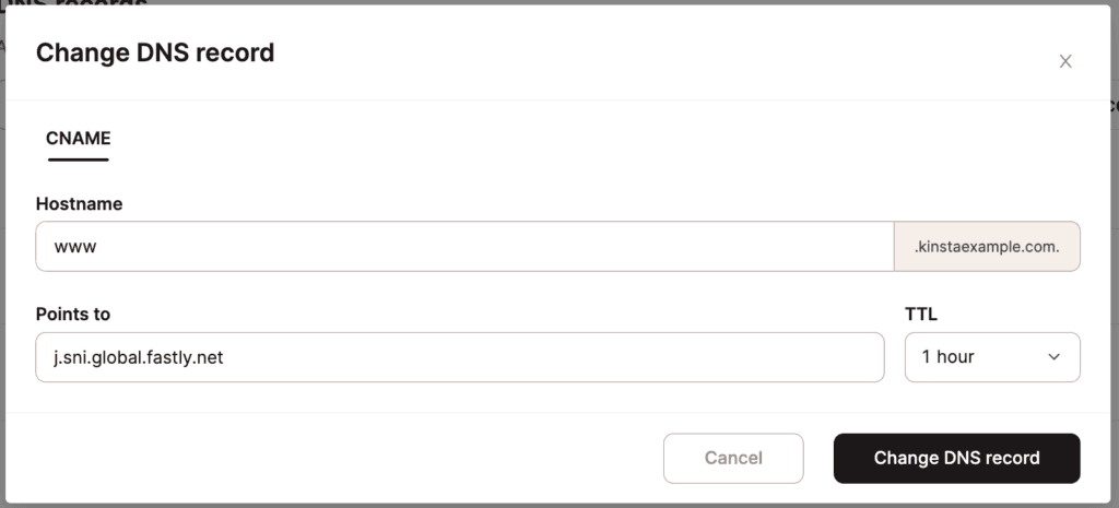 Pointing your domain’s www CNAME to Fastly in Kinsta's DNS.