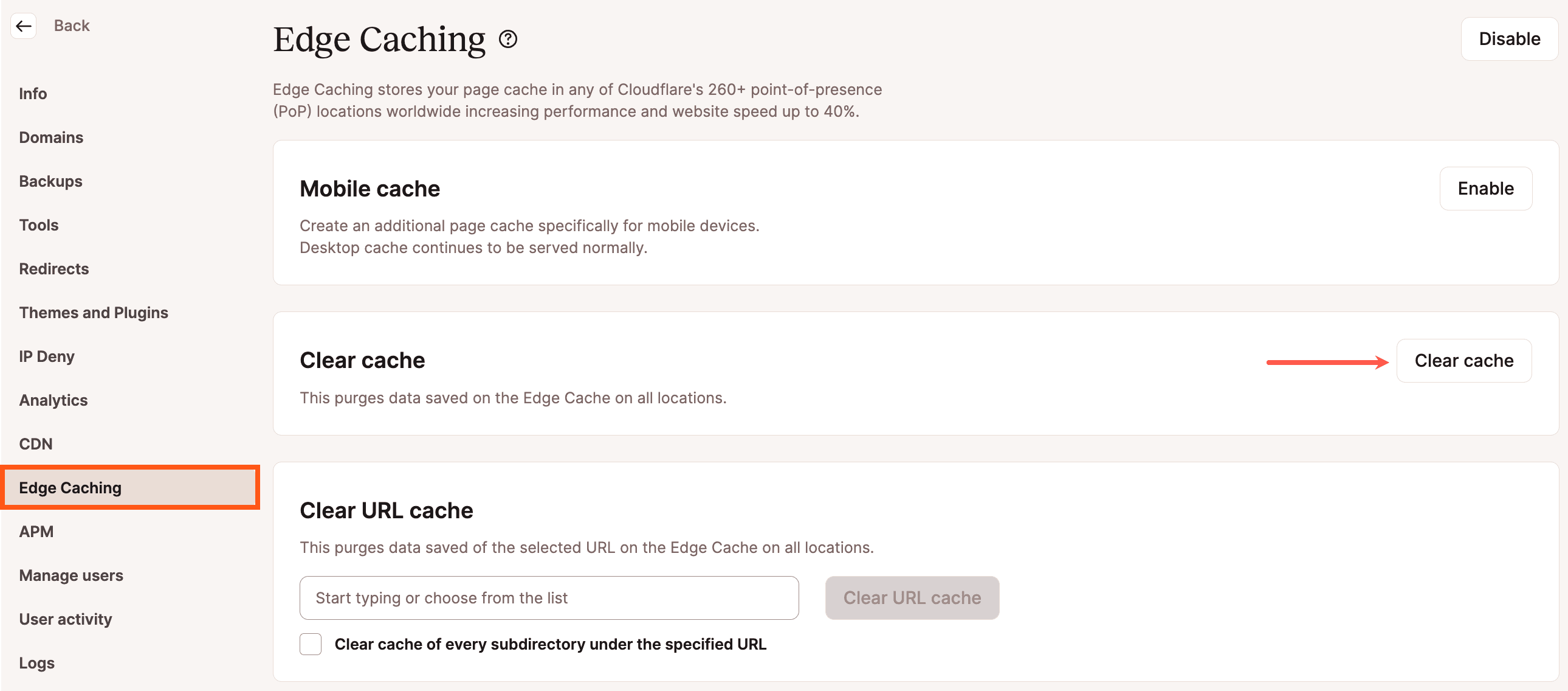 Svuotare la cache di Edge in MyKinsta.