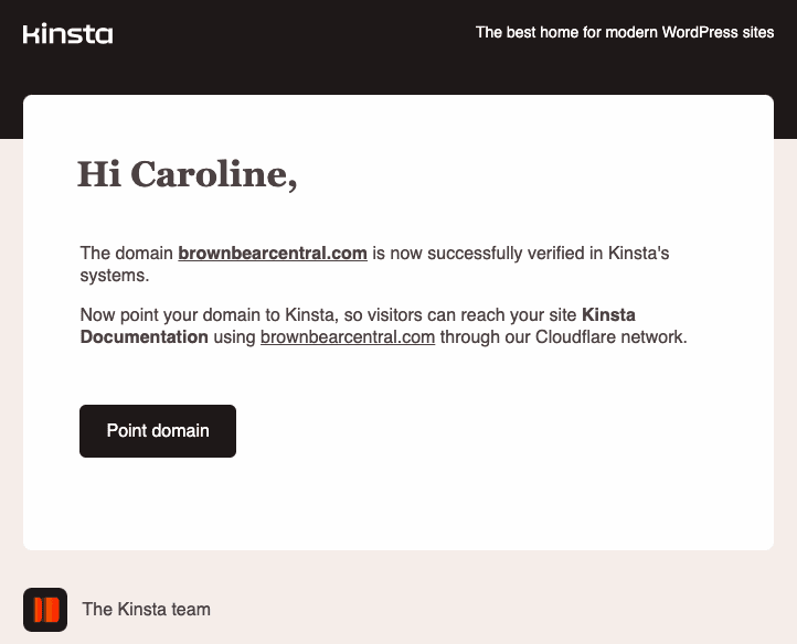 Correo electrónico de verificación de dominio de Kinsta