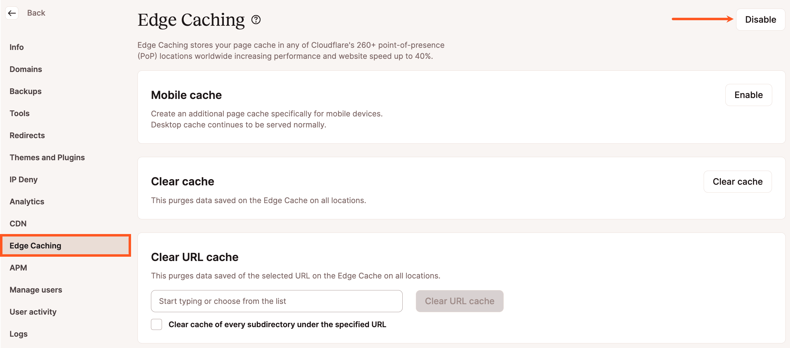 Disabilitare l'Edge Caching.