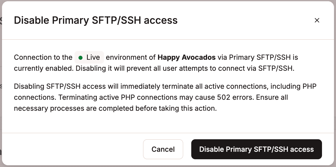 Confirm the changes to disable SFTP/SSH access.