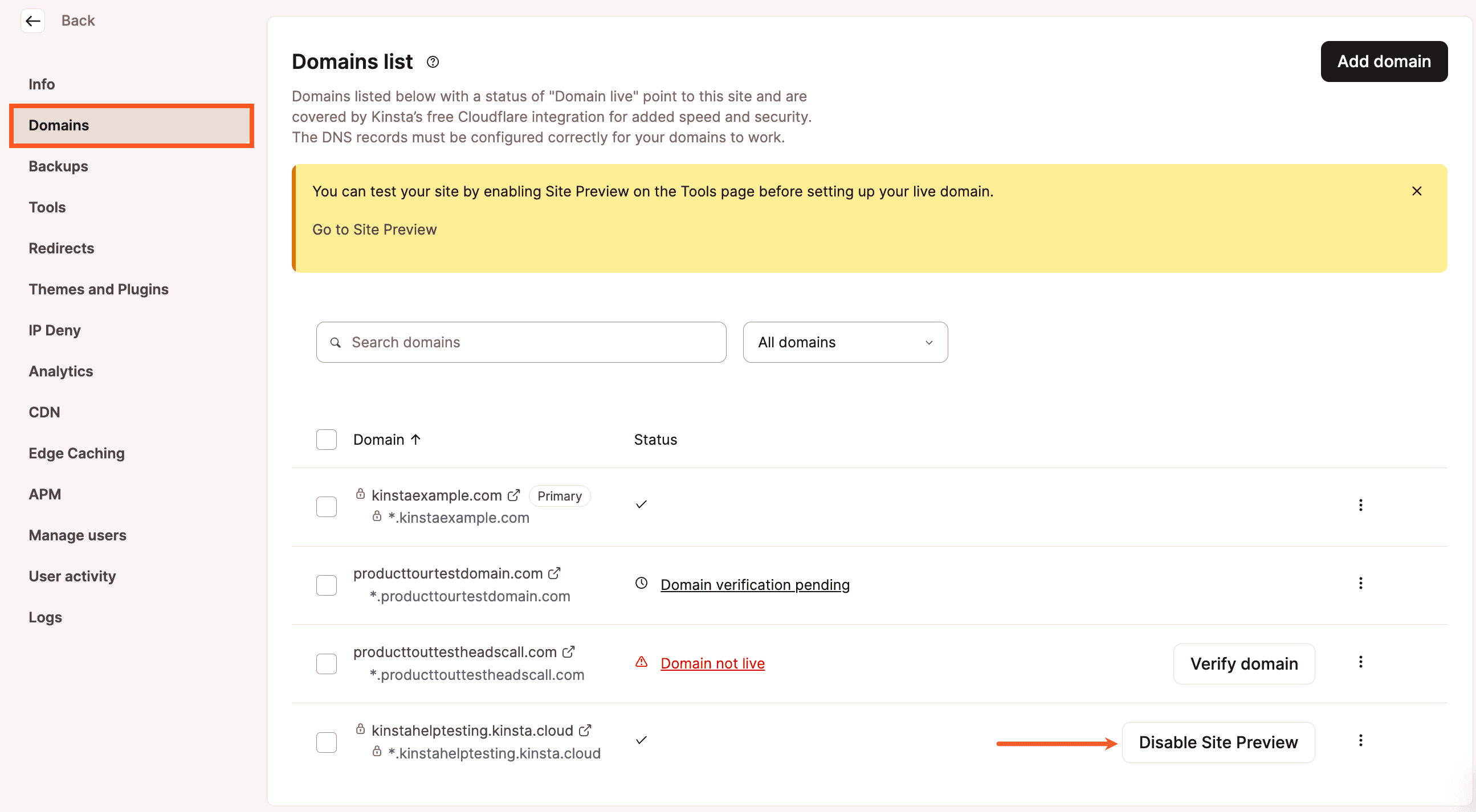MyKinstaのドメインページにある「サイトプレビューを無効にする」