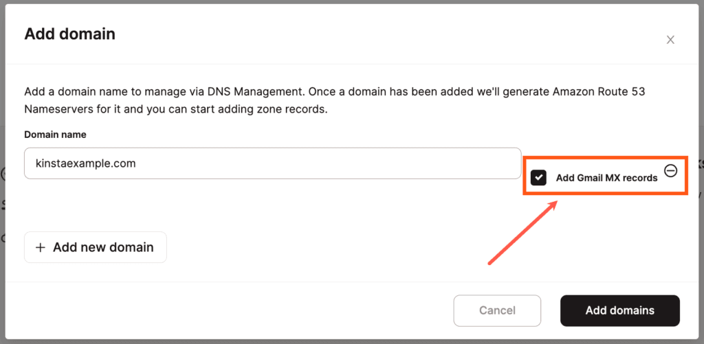 Selecione a opção para Adicionar registros MX do Gmail no modal Adicionar domínio.