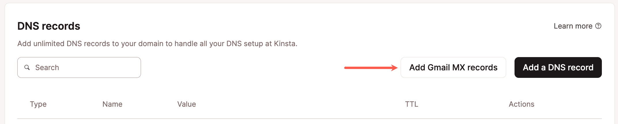 Ajouter des enregistrements MX Gmail à un domaine existant dans le DNS de Kinsta.