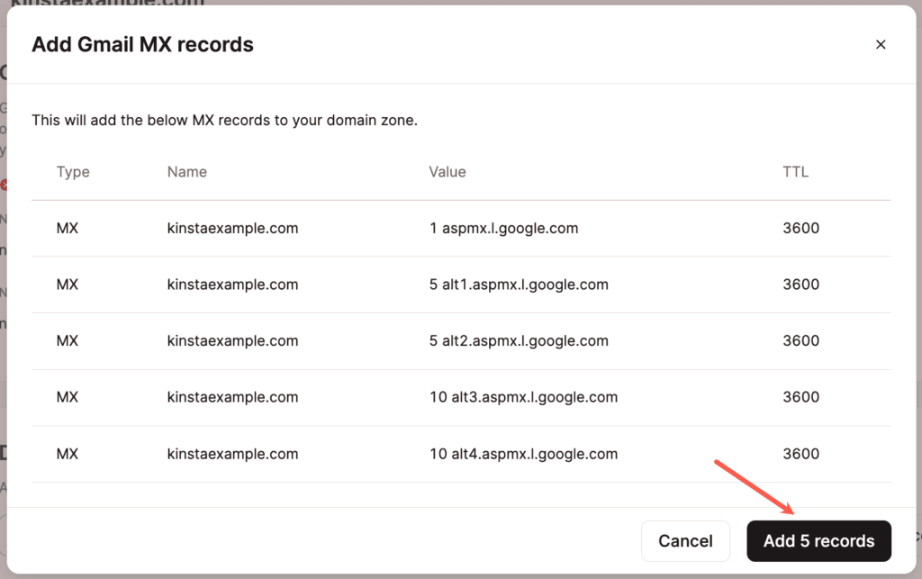 Aggiungete 5 record Google MX al vostro dominio in DNS di Kinsta.