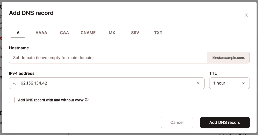 Voeg een A record toe in Kinsta's DNS.