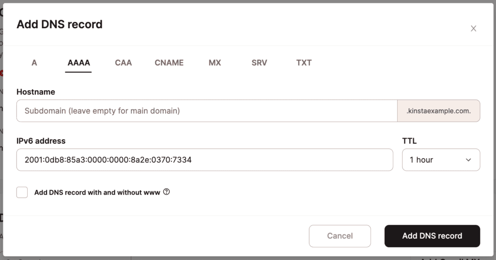 Füge einen AAAA-Eintrag in Kinsta's DNS hinzu