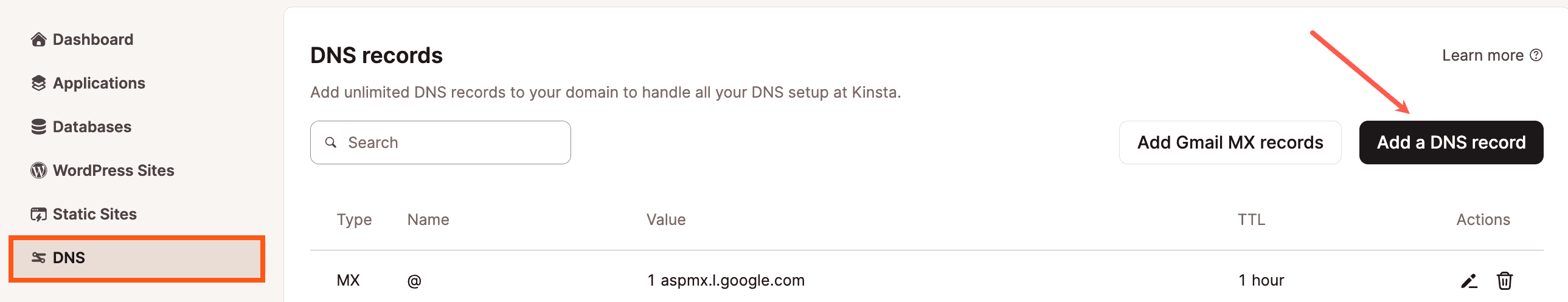 Adicione um registro DNS no MyKinsta.