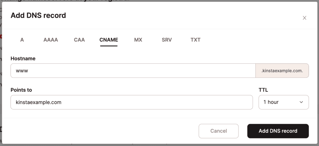 Adicione um registro CNAME no DNS da Kinsta.