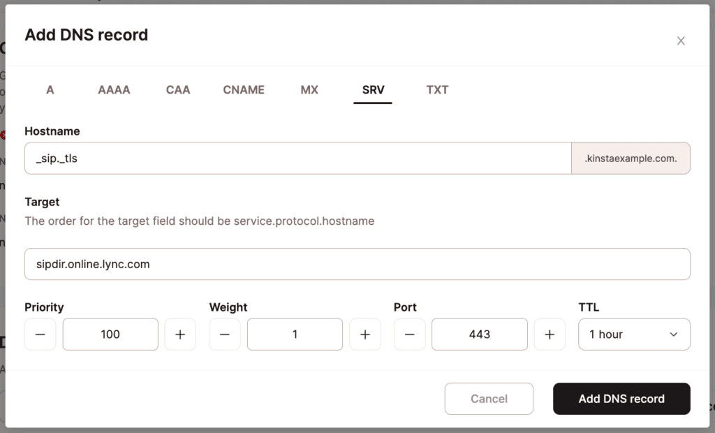 Voeg een SRV record toe in Kinsta's DNS.